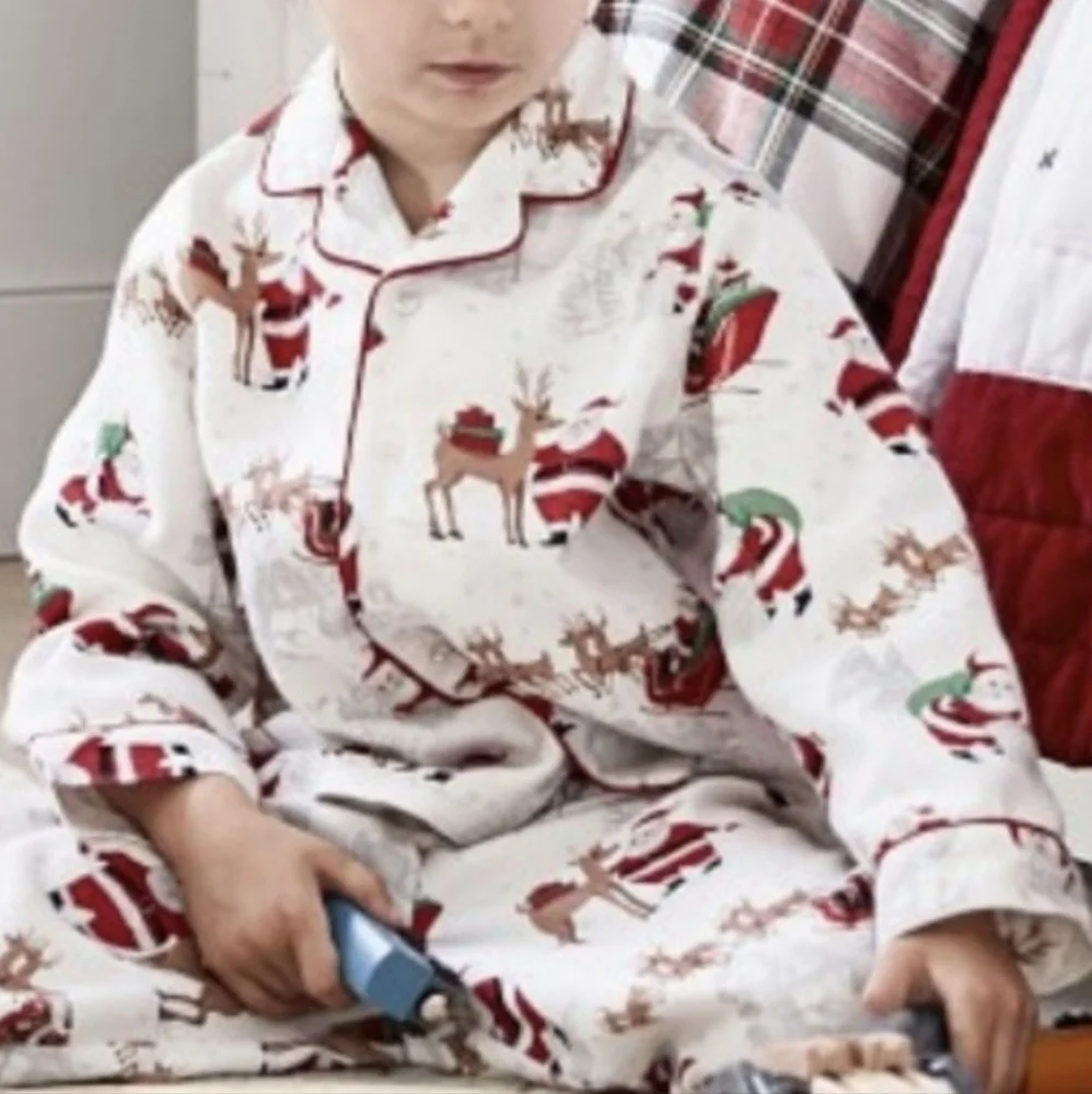 POTTERY PARN KIDS heritage Santa Flannel Pajama Top Christmas Button Sleep Shirt